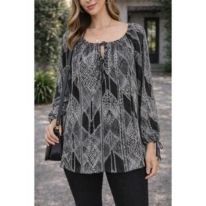 BCBGMAXAZRIA Black White Geometric Print Blouse Top Women's Size L